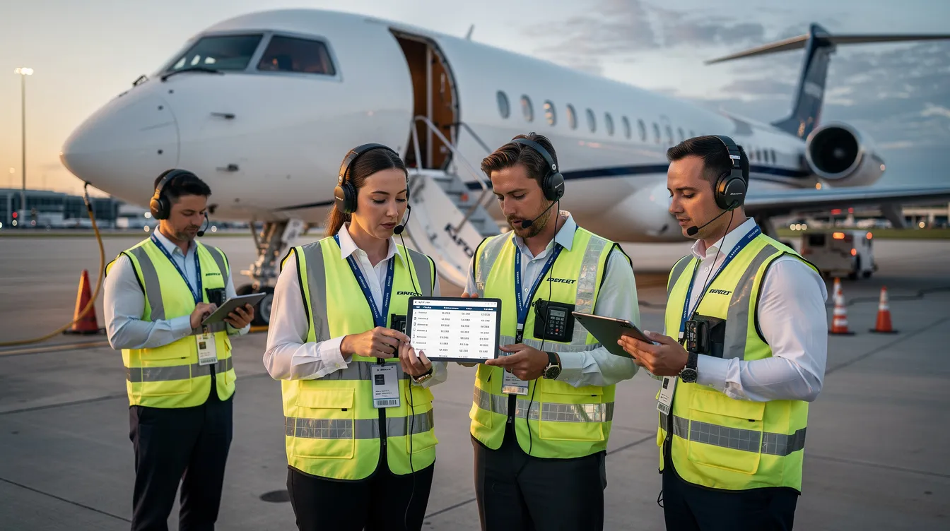 A group of aviation operations team members is gathered near an aircraft, reviewing schedules on their tablets. They are focused on tasks related to aircraft maintenance and flight operations, reflecting the collaborative efforts of the aviation industry to ensure efficiency and real-time visibility in their internship program.