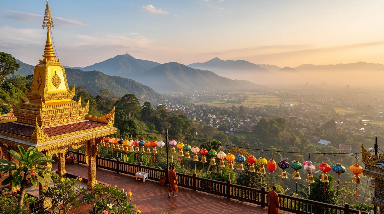 A imagem retrata uma vista deslumbrante de Chiang Mai, na Tailândia, com seus templos budistas característicos e passagens tranquilas, que refletem a rica cultura e história da cidade. O cenário é emoldurado por montanhas, criando um ambiente sereno e convidativo para turistas e visitantes.