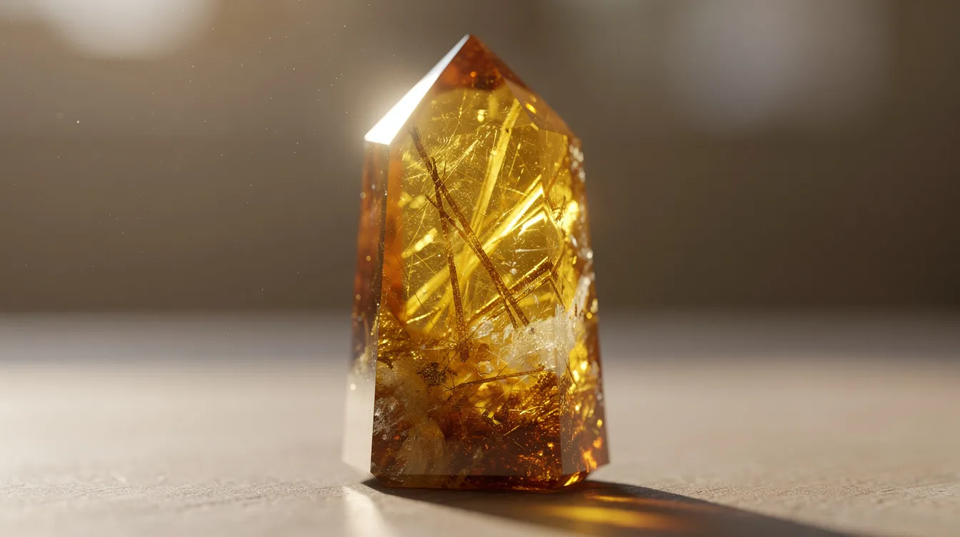 A polished citrine point glimmers in warm sunlight, showcasing its golden refractions and vibrant energy. This natural stone is often associated with positive energy and emotional healing, making it a popular choice for those seeking spiritual growth and personal power.