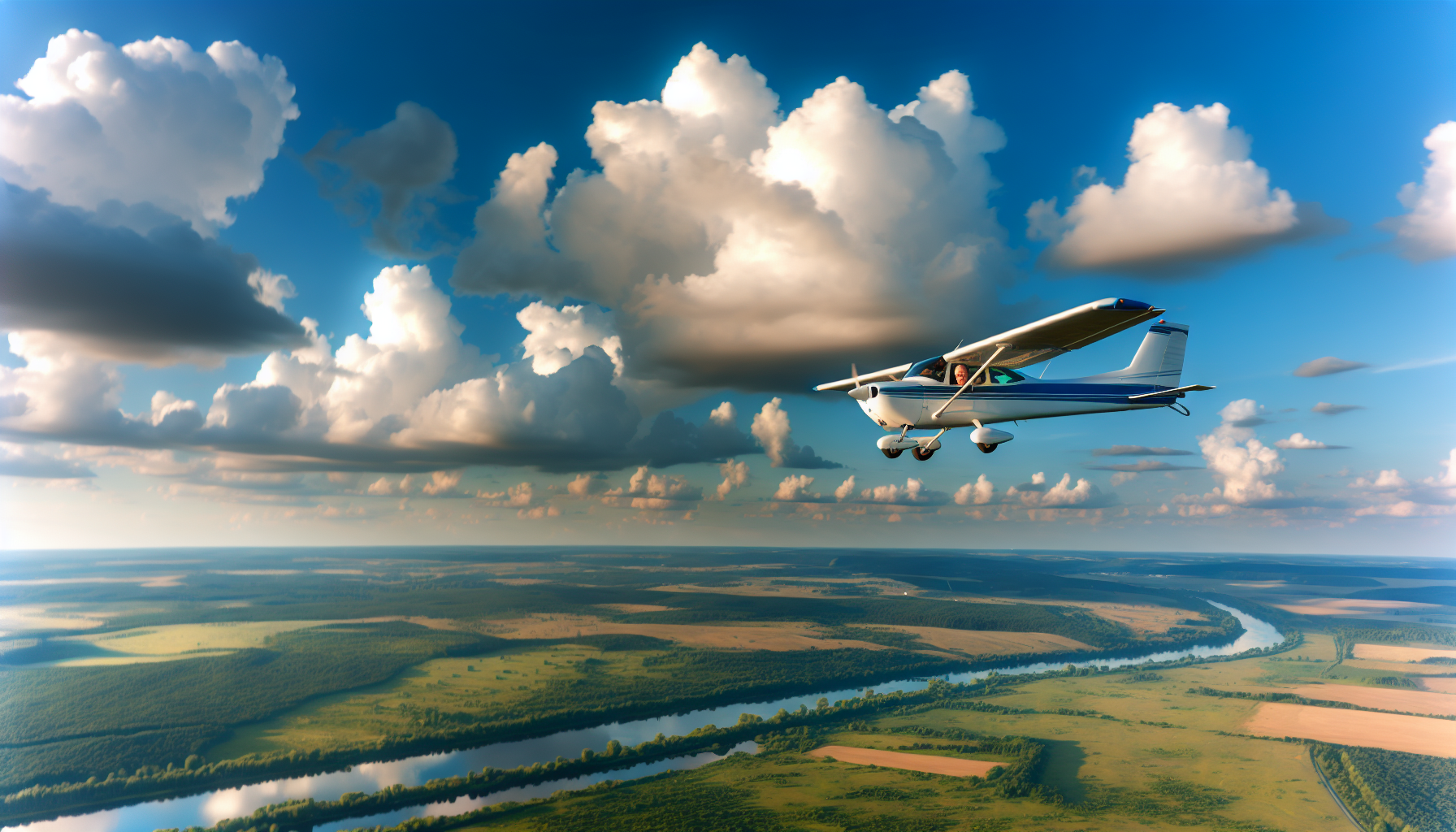 Aerial view of a small airplane flying over a scenic landscape