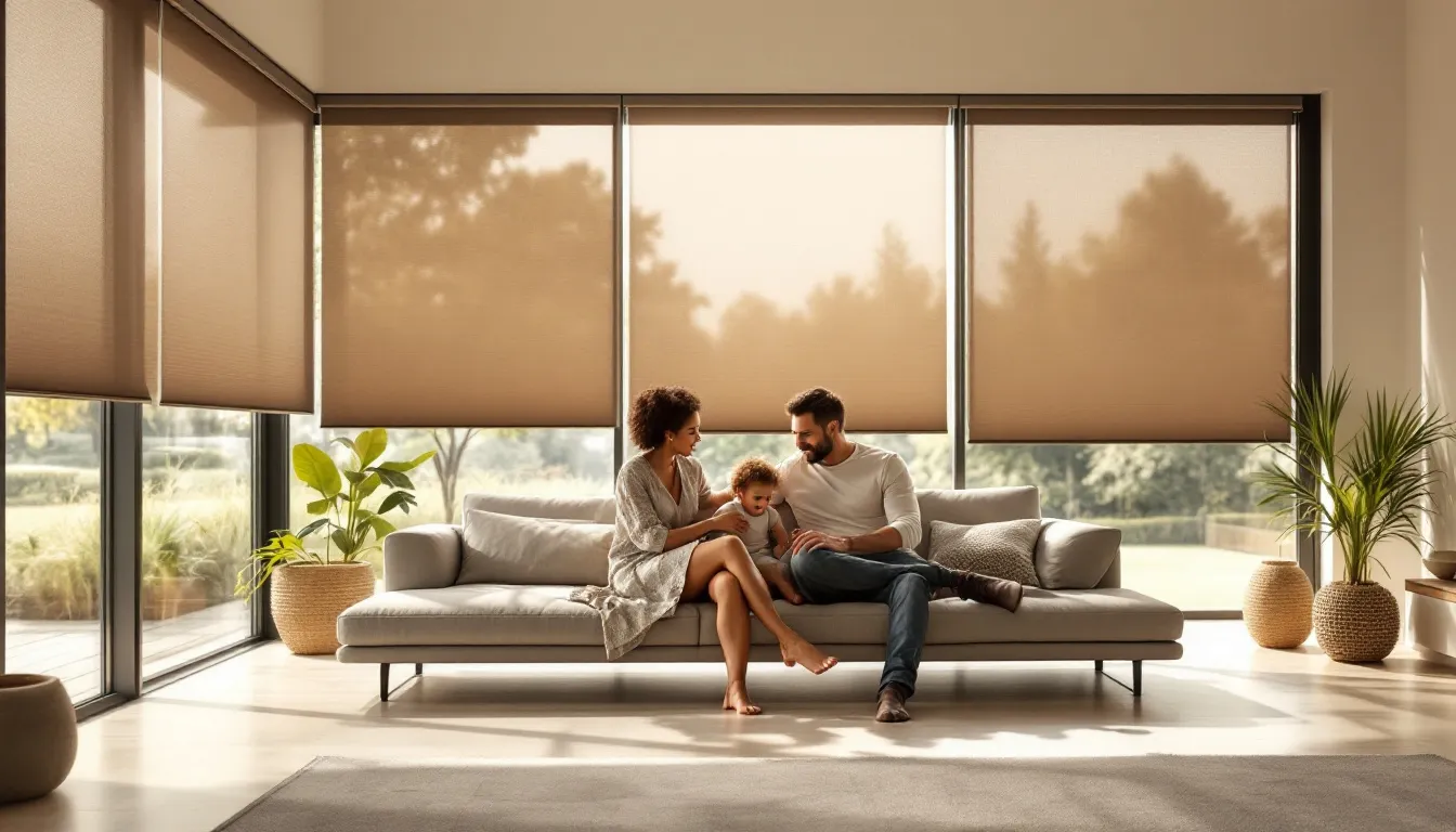 A family enjoying the natural light control provided by motorised blinds.