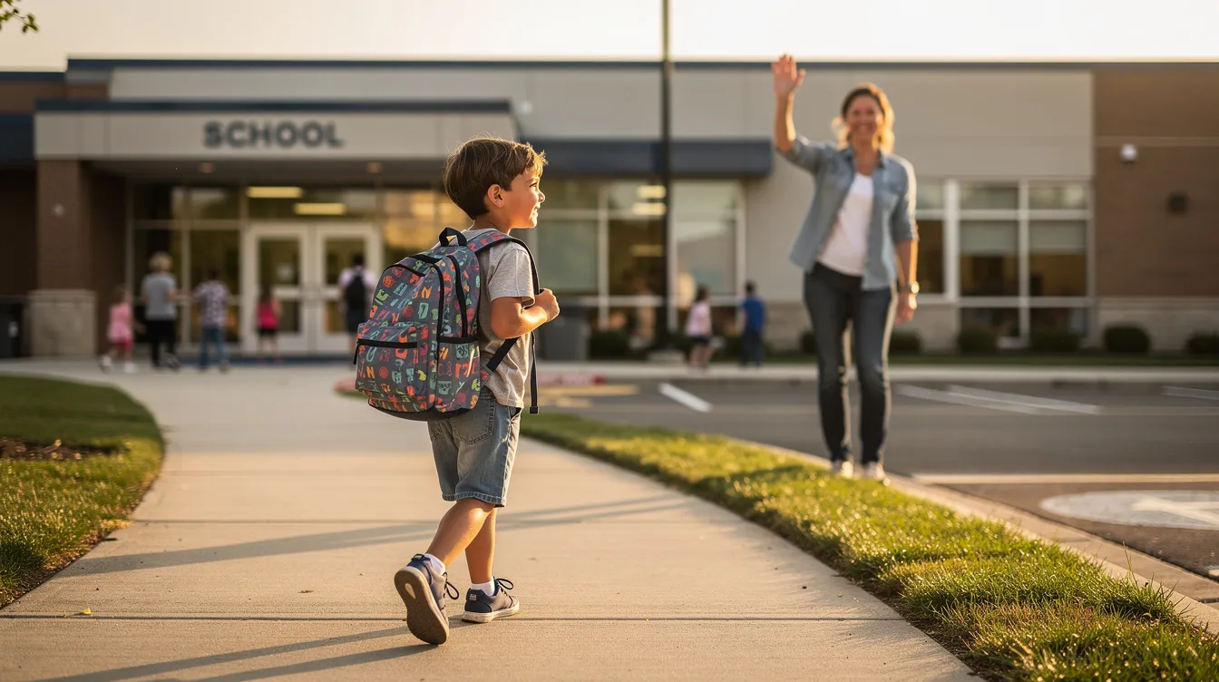 A younger child with a small smile walks into school, carrying a backpack, while a parent waves encouragingly in the background, creating a supportive environment for the child's mental well-being. This scene reflects the importance of positive relationships and coping strategies for students struggling with school-related anxiety.