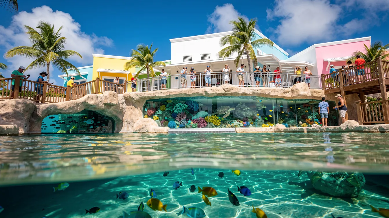 A imagem mostra o aquário de Curaçao, um espaço que exibe a rica vida marinha do Caribe, com tanques repletos de peixes coloridos e corais vibrantes. O ambiente é ideal para turistas e famílias que desejam conhecer mais sobre a biodiversidade das águas ao redor da ilha de Curaçao.
