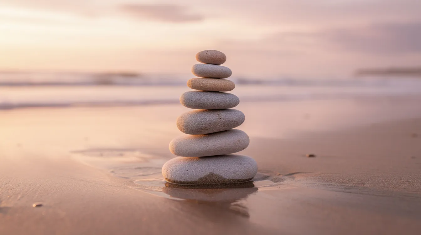 The image depicts a balanced stack of smooth stones on a calm beach, symbolizing financial balance and stability, much like managing a home equity loan or line of credit. The serene setting reflects the importance of maintaining a healthy debt-to-income ratio and making fixed monthly payments for financial peace.