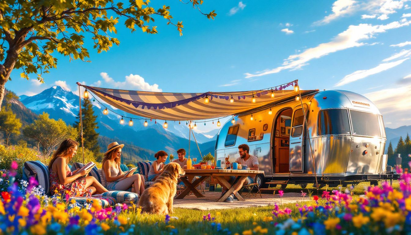 A family enjoying extra living space under a caravan awning.