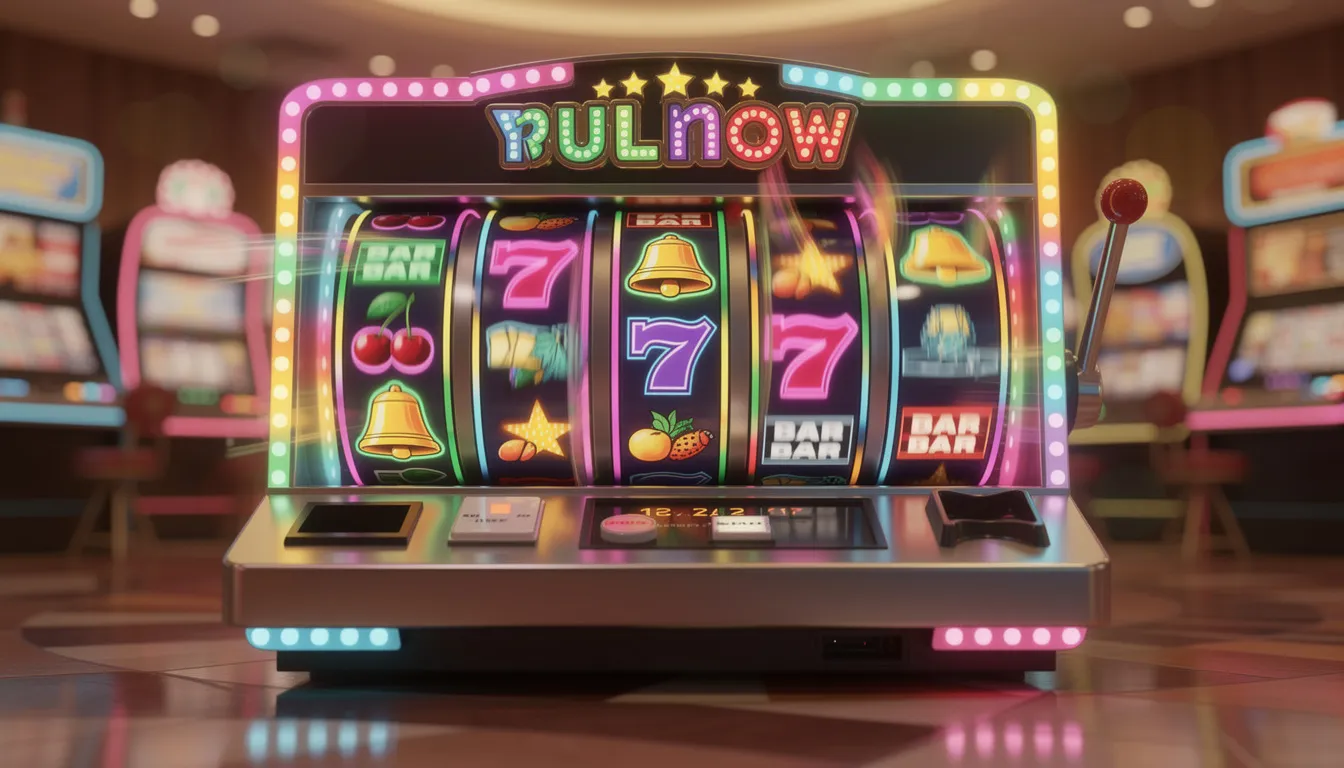 En färgglad spelautomat med snurrande hjul och ljusa symboler som representerar olika teman och bonusar. Denna videoslots casino erbjuder en spännande upplevelse för nya spelare som söker underhållning dygnet runt.