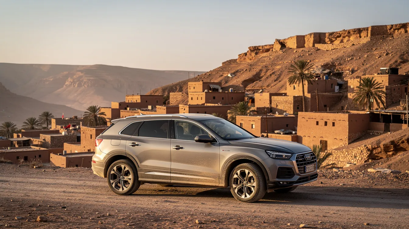 A compact SUV is parked on a dusty road, with a quaint Moroccan village and arid hills in the background, showcasing a typical scene for travelers exploring Morocco. This image captures the essence of a road trip adventure, perfect for those considering car rental options in Marrakech for their journey.