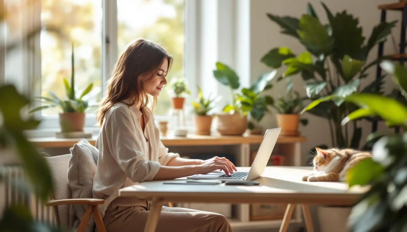 In der Abbildung ist eine Frau zu sehen, die in ihrem Homeoffice arbeitet und dabei eine Katze auf ihrem Schreibtisch hat. Diese Szene symbolisiert die Kombination aus der Vier-Tage-Woche und der modernen Arbeitswelt, die eine bessere Work-Life-Balance fördert.