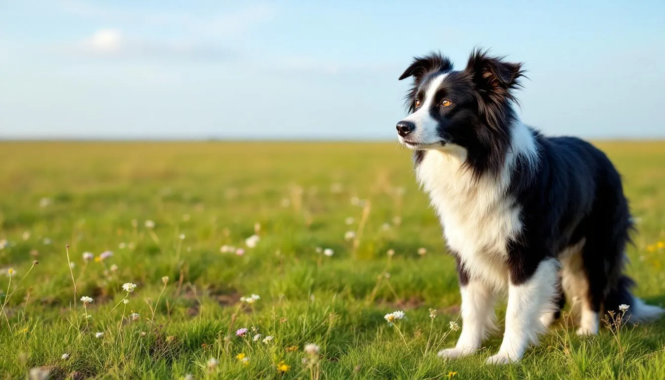 A border collie stands alert in an open field, showcasing its natural positioning behavior as it sniffs the grass, gathering information about its environment. This behavior is common among dogs, as they often take their time to explore scents and mark their territory before doing their business.