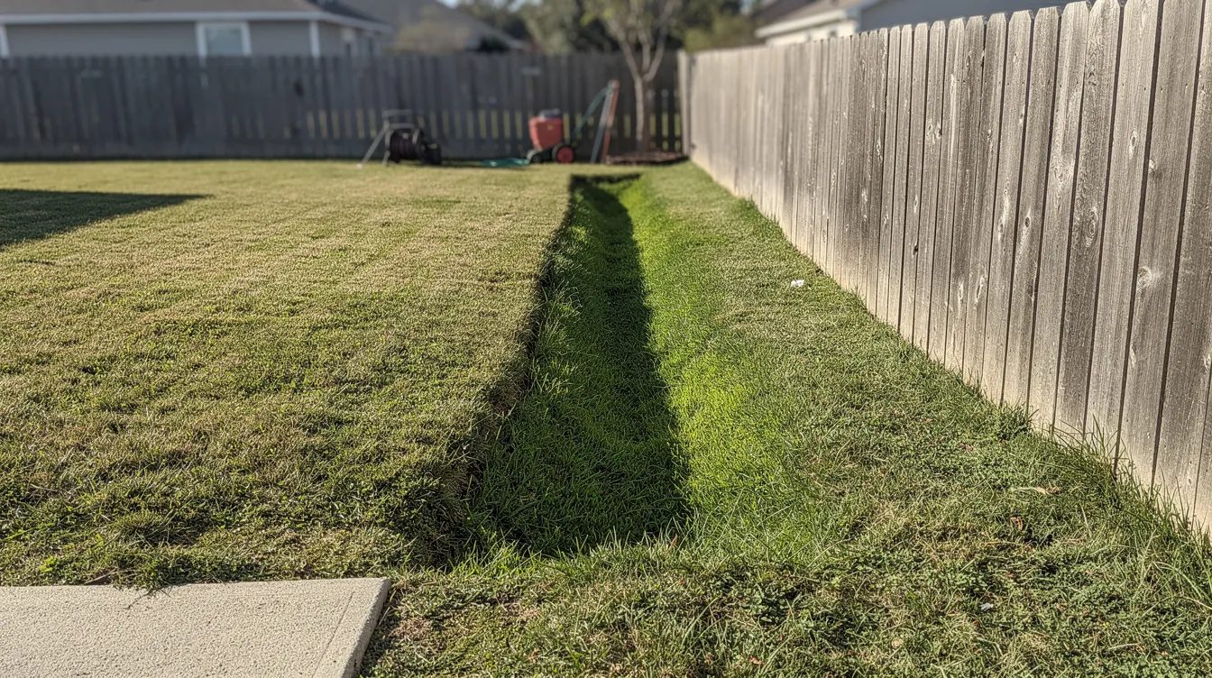 The image depicts a residential backyard with a sunken, lush green patch of grass along a fence line, indicating a potential issue with the sewer lateral running underground. This unusual growth may suggest hidden leaks from the sewer system, prompting the need for a sewer leakage test to assess the integrity of the sewer line.