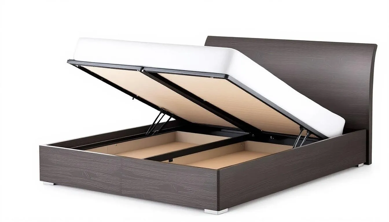 The image shows a gas lift storage bed with a mattress elevated, revealing a spacious storage compartment underneath. This double bed frame combines functionality with style, providing an ideal solution for maximising storage in any bedroom space.