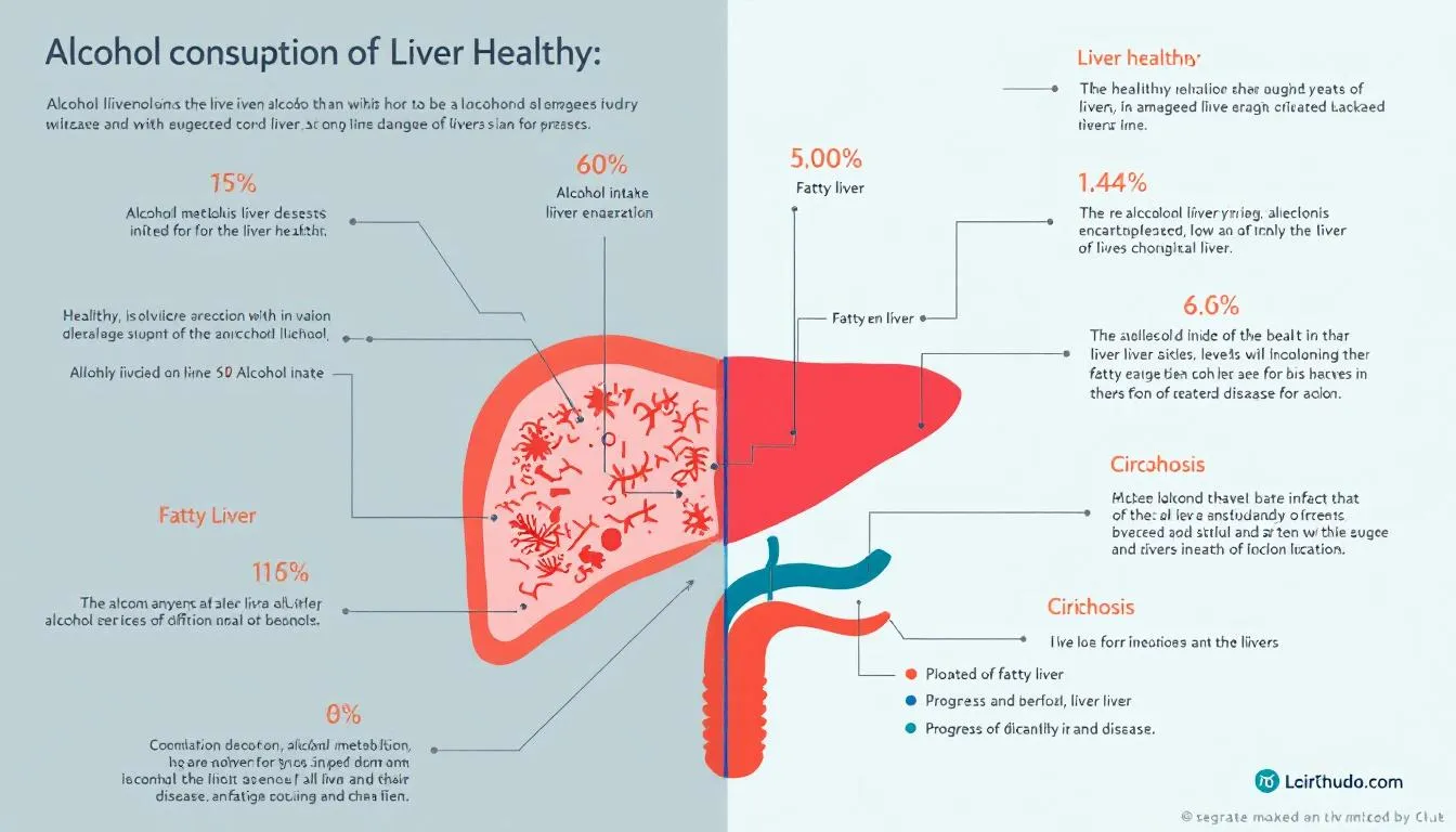 An informative image illustrating the relationship between alcohol consumption and liver health, featuring a diagram of the liver, highlighting the risks of liver disease, liver damage, and the importance of maintaining a healthy weight to prevent alcohol-related liver disease. The image emphasizes the need for lifestyle changes and regular check-ups with healthcare professionals to monitor liver function and overall health.