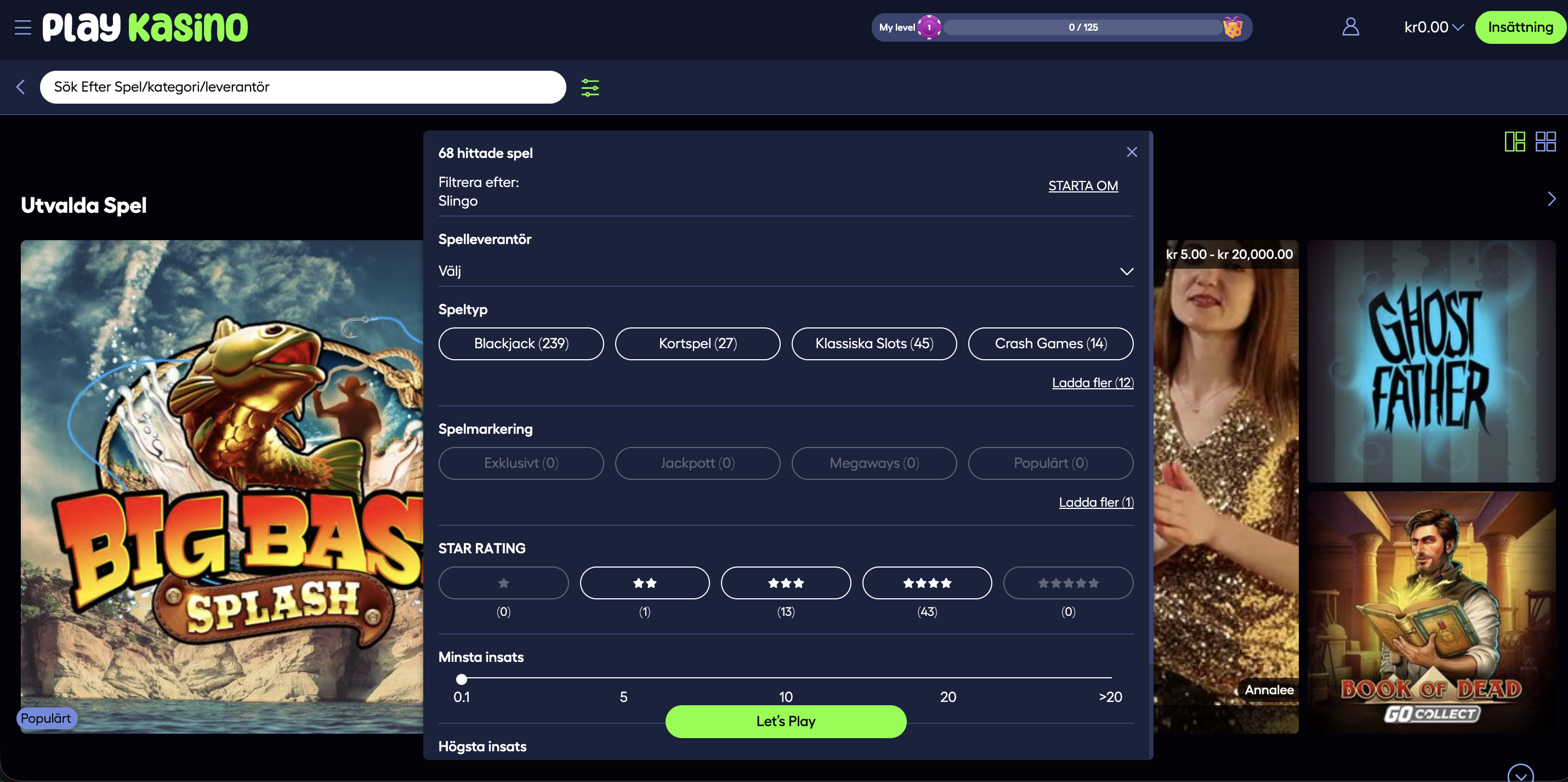 PlayKasino filterfunktion för spel där spelare kan sortera slots och casinospel – PlayKasino recension