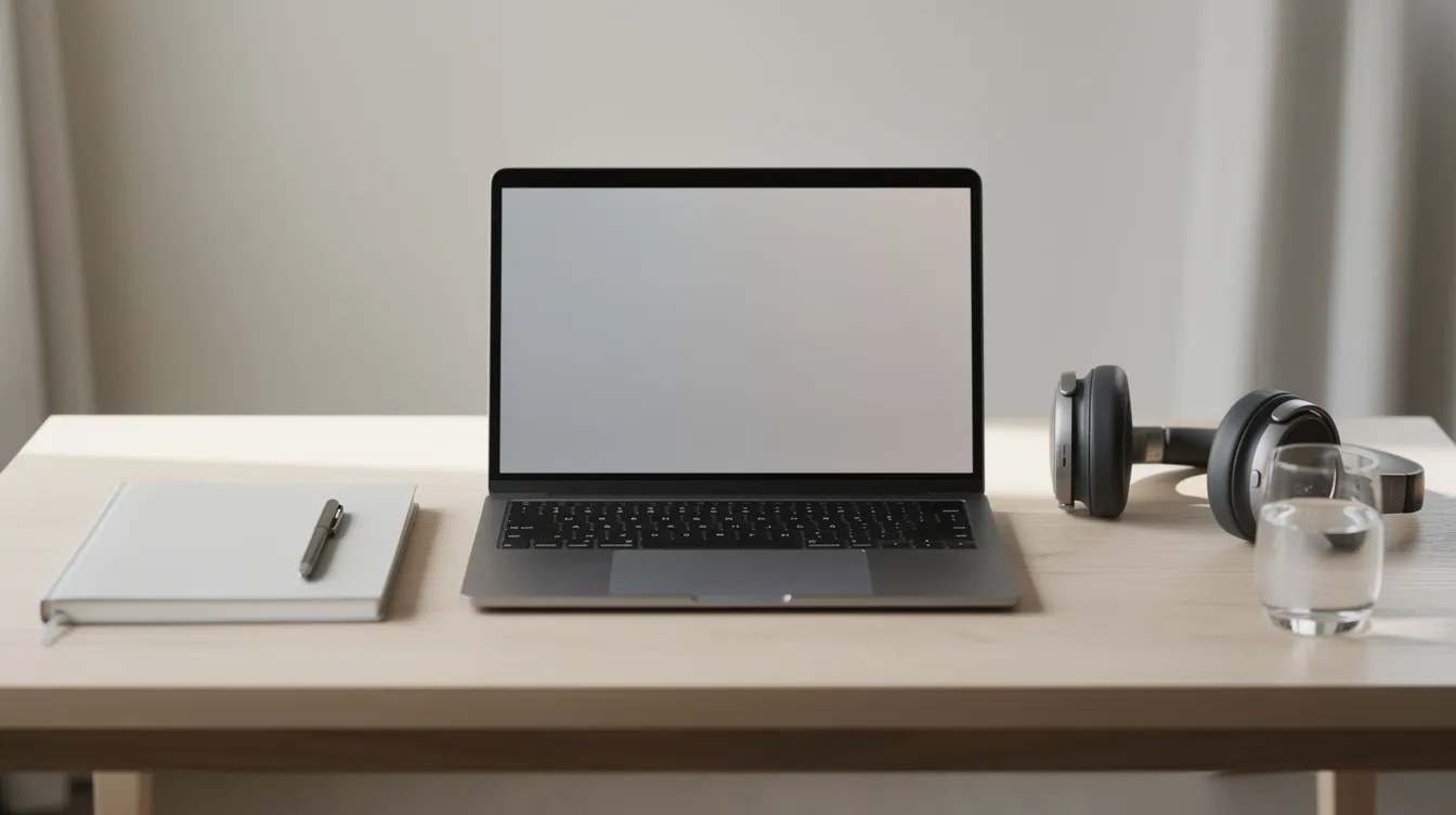 The image depicts a clean and organized desk setup featuring a laptop, headphones, a notebook with a pen, and a glass of water, all arranged in a quiet room conducive for online therapy sessions. This serene environment is ideal for mental health support and engaging with licensed therapists through online platforms.