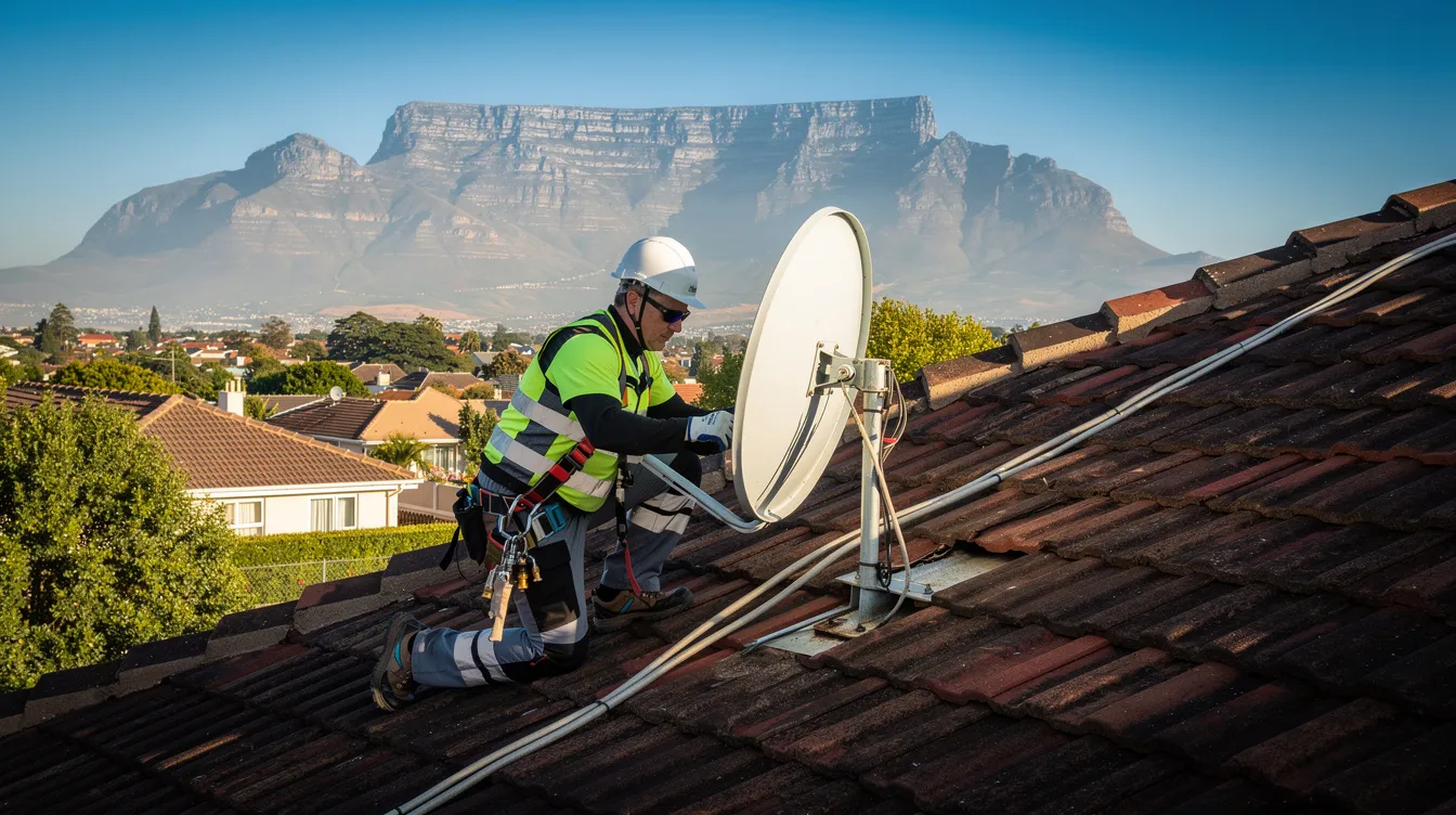 A technician is installing a satellite dish on a residential rooftop, with the iconic Table Mountain visible in the background, showcasing the scenic beauty of South Africa. This image represents the essential work of dstv installers providing installation services for seamless television access.