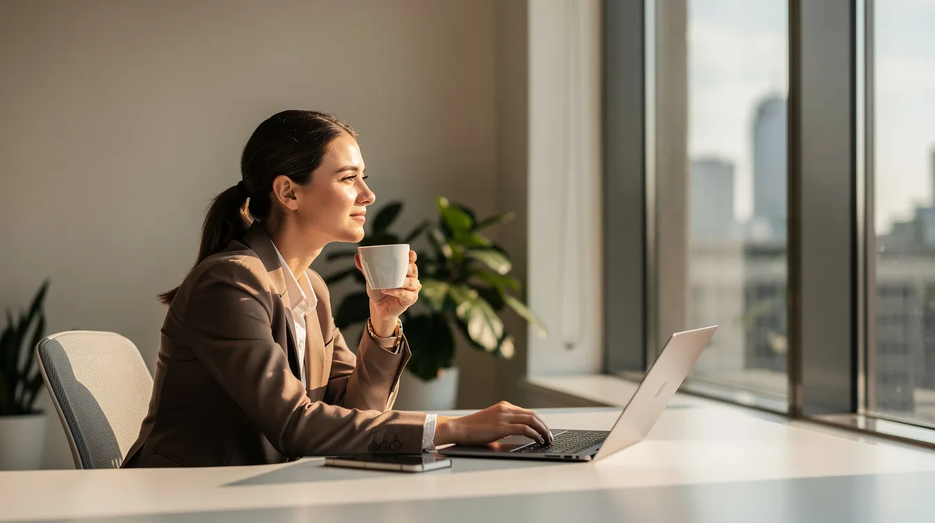 Un professionnel serein, assis à son bureau lumineux, tient une tasse de café tout en regardant par la fenêtre. Cette image évoque un état d'esprit positif et une attitude de bien-être au travail, soulignant l'importance de la santé mentale dans la vie quotidienne.