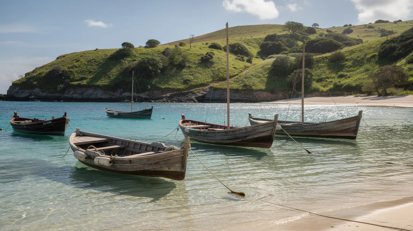 A imagem mostra barcos de madeira ancorados em uma enseada com águas cristalinas, cercados por colinas verdes, evocando a beleza natural da costa da Croácia. Ao fundo, a paisagem reflete a tranquilidade do mar Adriático, um destino popular entre turistas que visitam a região da Dalmácia.