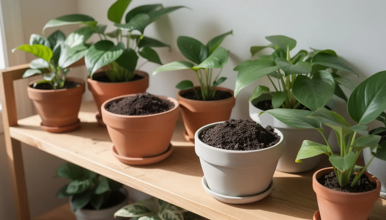 A collection of healthy potted houseplants is displayed on a wooden shelf, with a layer of dark compost topdressing visible on the soil surface, indicating the use of organic waste like food scraps and coffee grounds in the composting process to enrich plant growth. The scene highlights the benefits of indoor composting, contributing to a sustainable environment. A collection of healthy potted houseplants is displayed on a wooden shelf, with a layer of dark compost topdressing visible on the soil surface, indicating the use of organic waste like food scraps and coffee grounds in the composting process to enrich plant growth. The scene highlights the benefits of indoor composting, contributing to a sustainable environment.