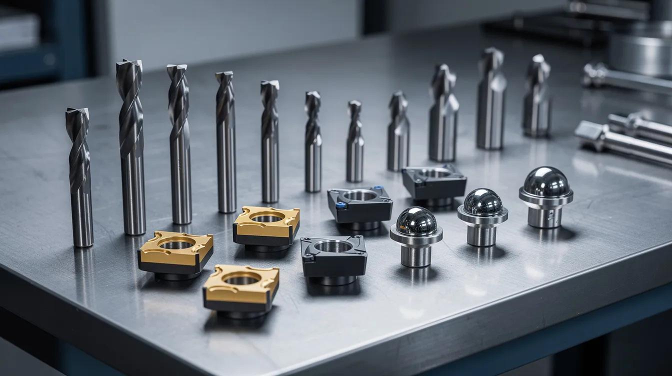 The image features an array of various CNC milling cutting tools, including end mills, face mill inserts, and ball nose cutters, meticulously arranged on a flat metal surface. These cutting tools are essential for achieving a smooth finish and optimal surface quality during machining operations.