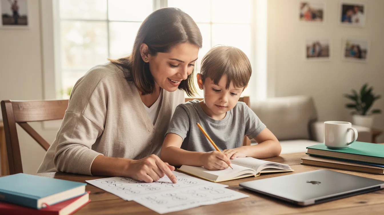 A parent and child sit together at a table, calmly reviewing schoolwork in a well-lit room, focusing on reducing careless mistakes in math. The atmosphere encourages learning opportunities as they double-check answers and discuss strategies to improve understanding and confidence in their tasks.