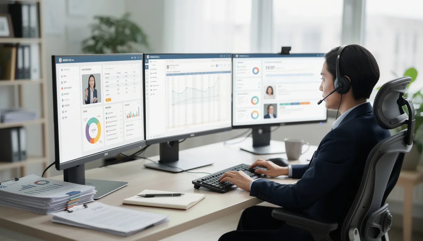 An HR professional is efficiently working at a desk equipped with multiple monitors, managing payroll data and using payroll processing software to streamline tasks like tax calculations and employee data management. The scene reflects a modern workplace focused on automating payroll and maintaining compliance.