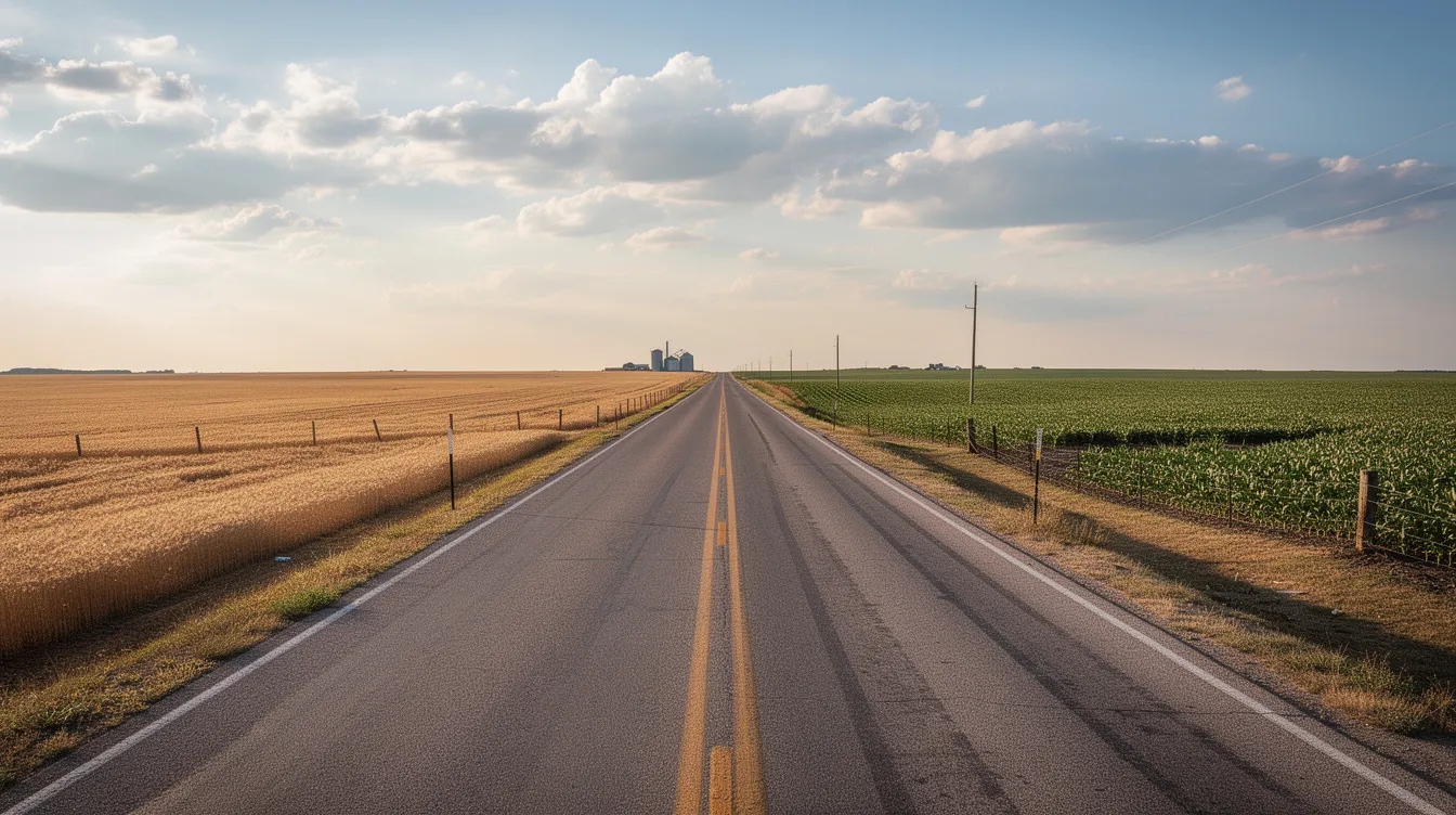 A long, rural road in Kansas stretches toward the horizon, flanked by expansive farm fields on both sides, illustrating the serene landscape typical of the region. This scene captures the essence of Kansas, where auto transport services may be needed for vehicle shipping across such open spaces.