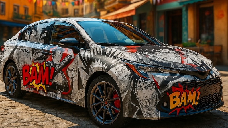 An anime vinyl wrap in comic-book aesthetics
