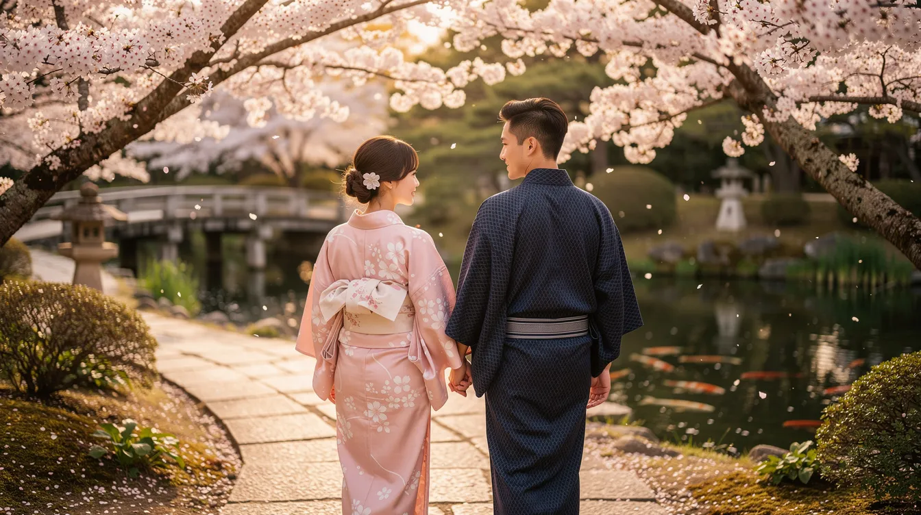 A couple dressed in complementary yukata strolls through a serene garden adorned with blooming cherry blossom trees, embodying a traditional yukata experience in Japan. The vibrant colors of their garments, complete with obi sashes and wooden geta sandals, create a picturesque scene amidst the sakura blossoms.