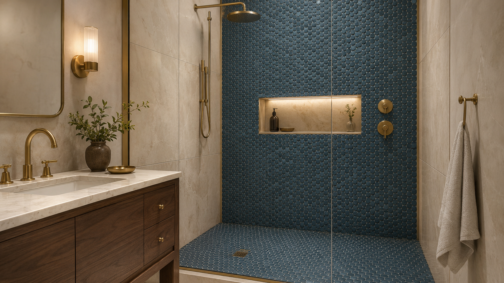 Blue penny-round mosaic shower with a cracked grout joint near the wet-area floor.