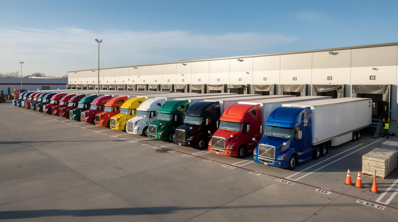 Telematics Integration: A fleet of commercial trucks is parked at a distribution depot, showcasing various fleet vehicles lined up for efficient operations.