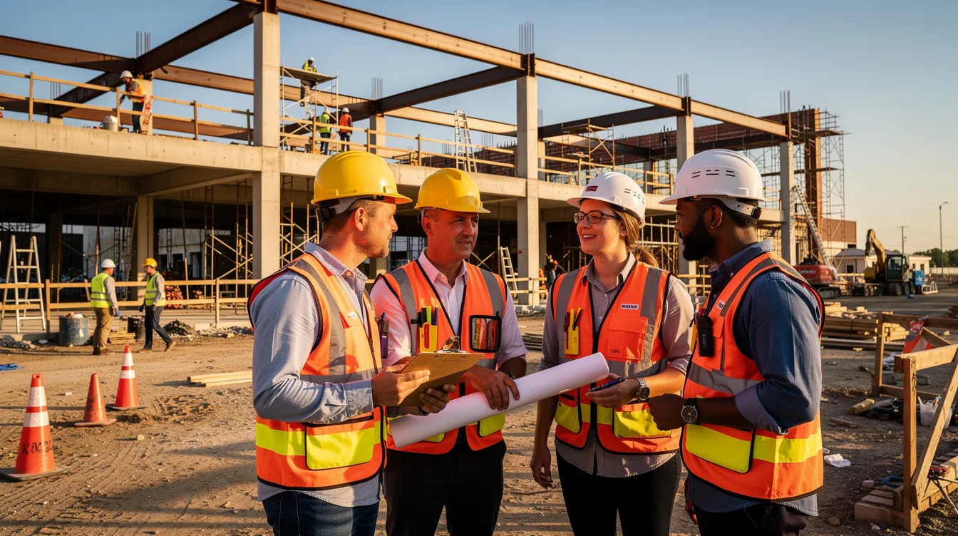 A group of construction workers, wearing hard hats and safety vests, are collaborating on a commercial building site, demonstrating teamwork and professionalism. Their engagement reflects the essential part of the construction industry, where effective collaboration leads to tangible results and long-term growth.