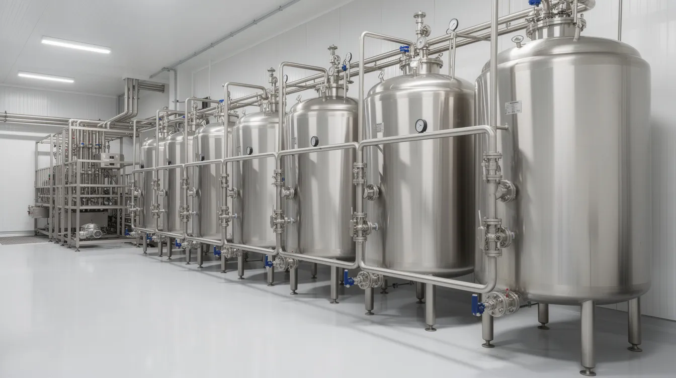 87d4b80b 16f2 43f4 965e f756773a0cf3 The image depicts stainless steel dairy processing tanks and piping within a modern beverage plant, showcasing the advanced manufacturing process essential for dairy farm businesses. This setup highlights the importance of efficient financial management and capital costs in the production of milk products.