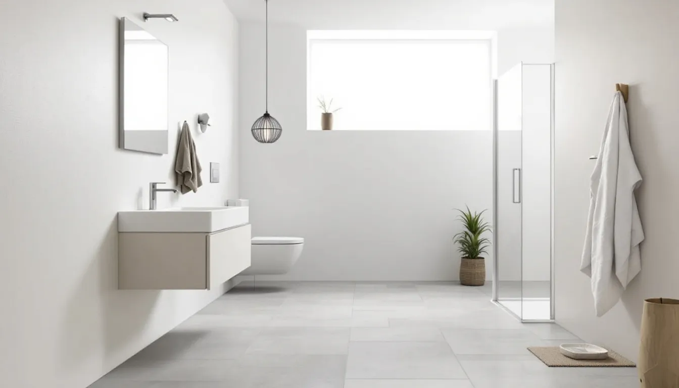 A small bathroom with large floor tiles that enhance the spacious look.