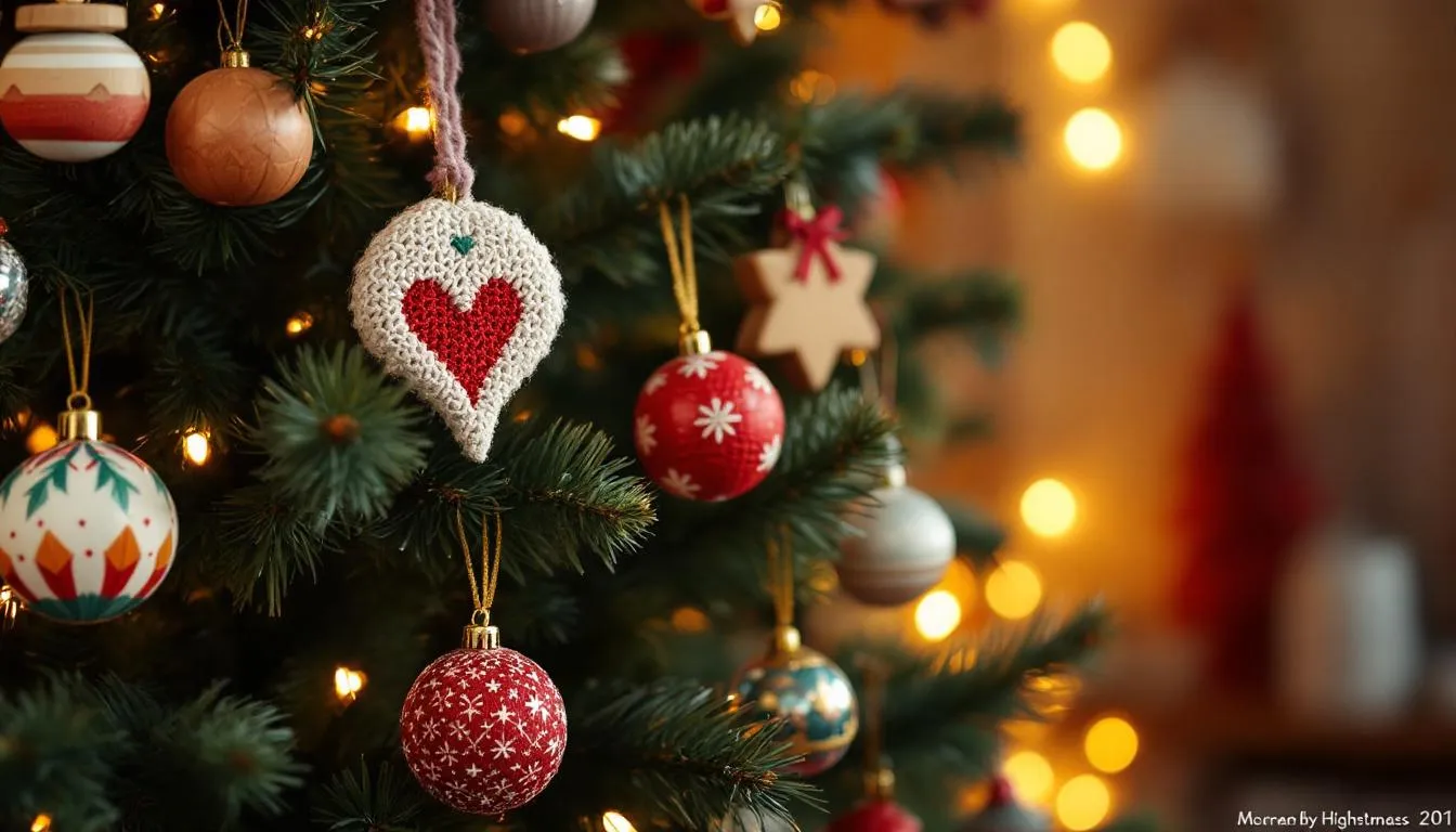 Colorful DIY Christmas ornaments hanging on a tree.