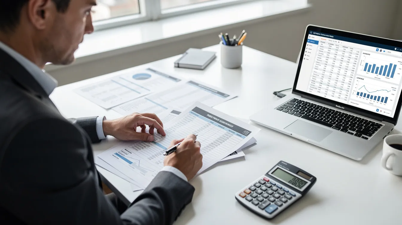 The image depicts a person sitting at a desk, intently reviewing financial documents alongside a laptop and a calculator, suggesting a focus on evaluating lending options for real estate investments. This scene highlights the importance of understanding credit scores and financial growth for borrowers, particularly those considering hard money loans or facing credit issues.