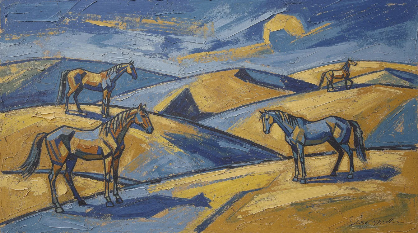 Die abstrakte Landschaft zeigt kräftige blaue und gelbe Farbflächen, die im Stil der expressionistischen Malerei gestaltet sind. Im Vordergrund sind Pferde und sanfte Hügel zu sehen, die Emotionen und Erfahrungen der Epoche widerspiegeln.