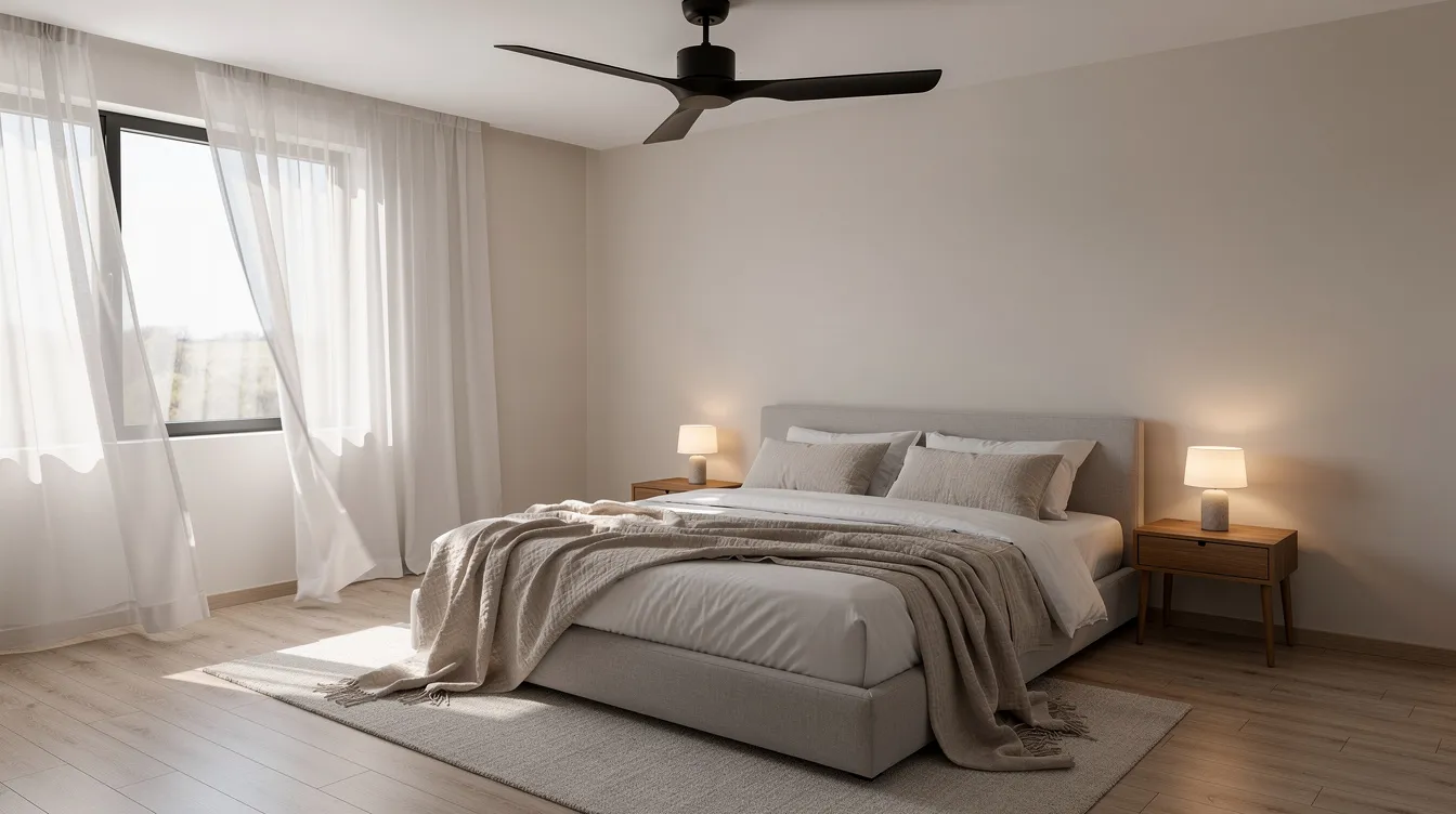 The image depicts a modern bedroom featuring a ceiling fan and light, breathable bedding, creating an ideal sleep environment that promotes comfortable sleep. The design emphasizes a balance of ambient temperature and body temperature regulation, which are key factors for achieving a good night&rsquo;s sleep.