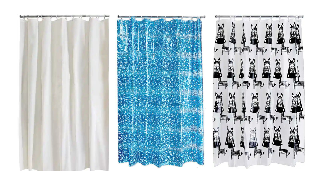 Lock-up of three shower curtain designs - plain white, blue water bubbles design and fun zebras print