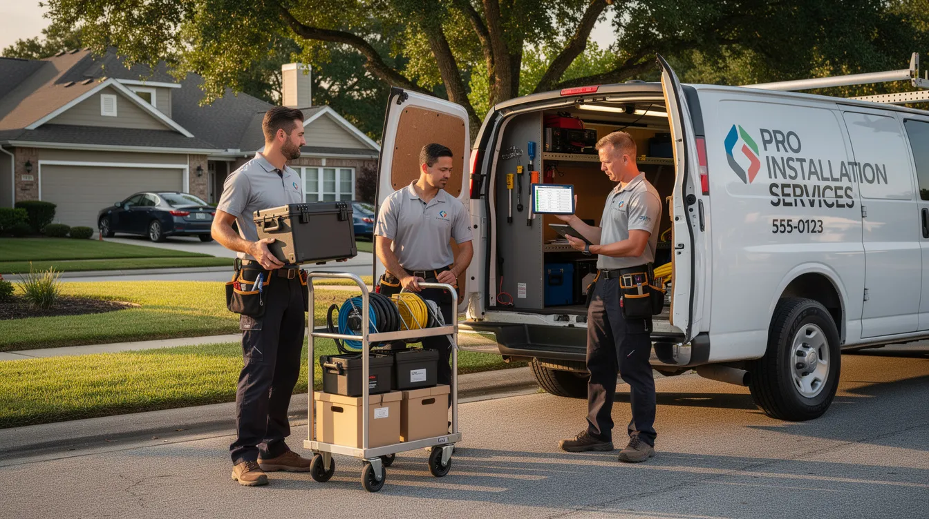 A small crew of franchise owners is seen loading equipment into a branded service van in a suburban neighborhood, preparing for a business to business installation project. The scene highlights the teamwork and organization essential for successful business operations in the local franchise market.