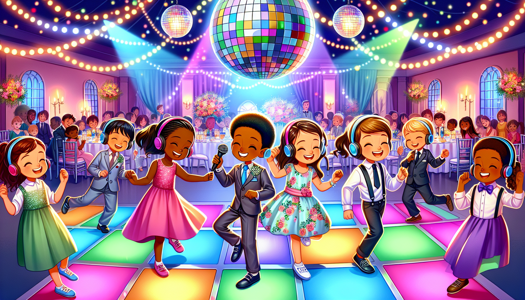 Kids dancing at a mini disco zone during a wedding
