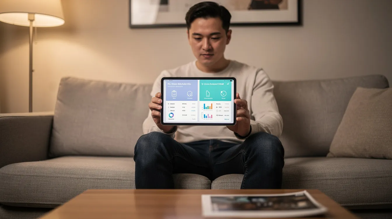 A person is seated on a couch, intently comparing features on a tablet device related to business expense tracking tools. The individual appears to be evaluating different expense tracker apps to manage their finances effectively.