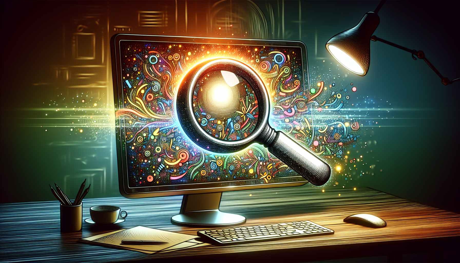 Illustration of a magnifying glass over a computer screen showing keyword research results