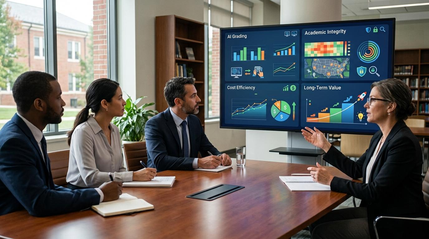 University administrators evaluating educational technology investments by comparing AI-assisted grading, academic integrity tools, cost efficiency, and long-term value through realistic digital dashboards.