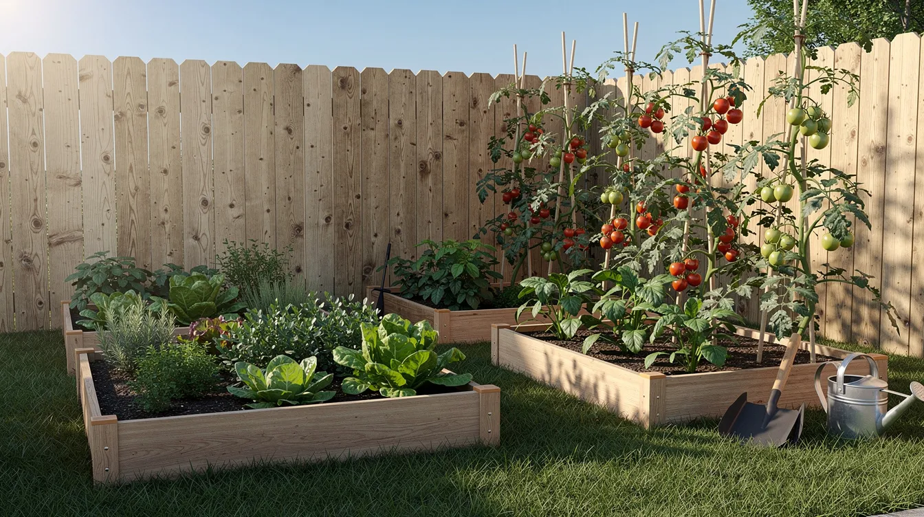 The image depicts a suburban backyard featuring several raised garden beds filled with vibrant leafy greens and ripe tomato plants, all situated next to a wooden fence. This garden exemplifies the benefits of growing your own food, providing fresh produce that can help mitigate food price inflation and enhance food security.