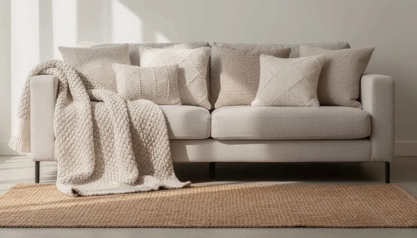 The image features a neutral sofa adorned with textured cushions and throws, creating a cozy and inviting living room atmosphere. A jute rug lies on the floor, complementing the soft furnishings and enhancing the overall interior design with a natural touch.