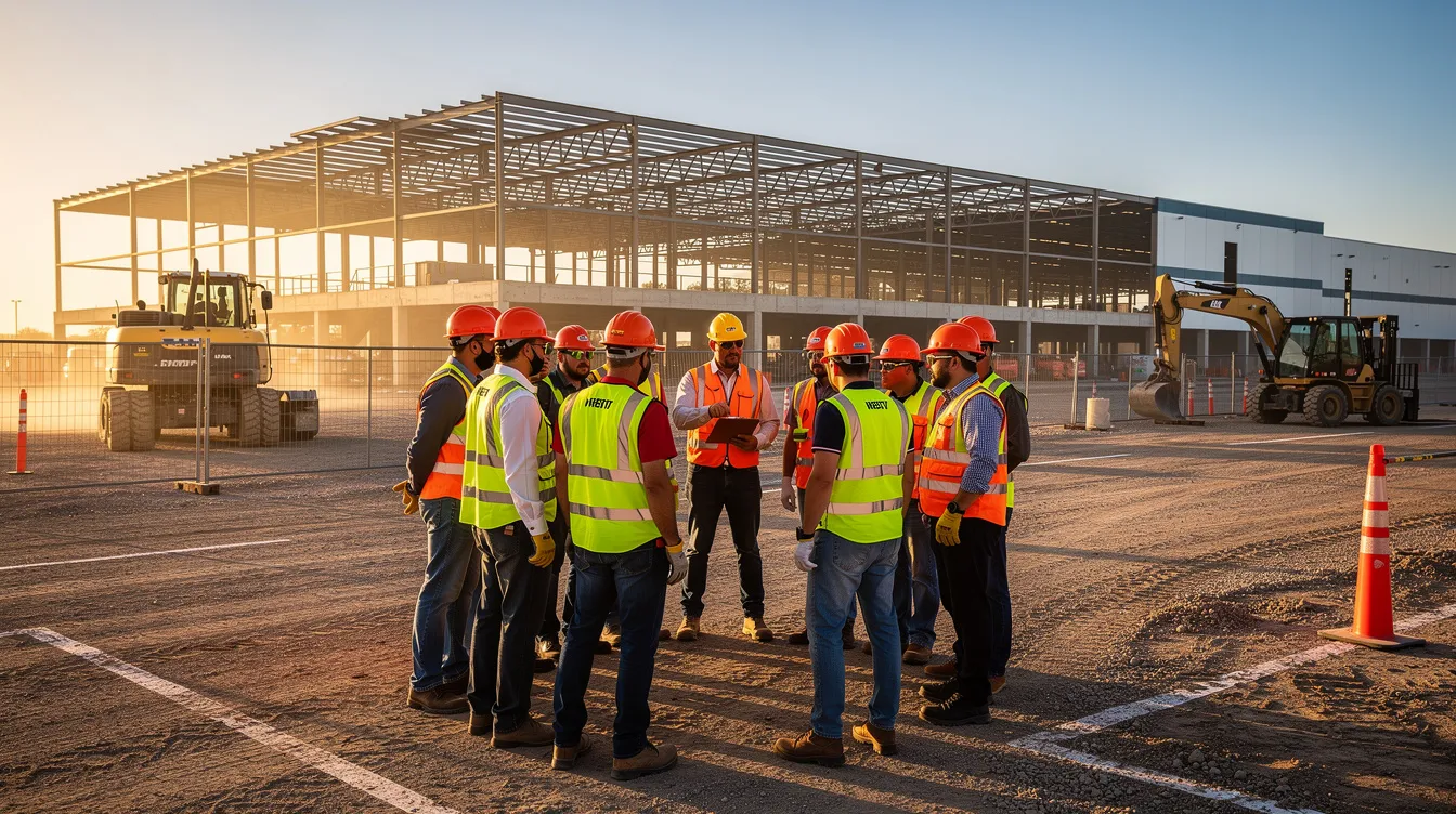 A construction team dressed in safety gear is gathered for a morning huddle near heavy equipment on a commercial project site in South Texas, emphasizing the importance of safety procedures and workplace safety in the construction industry. The team is likely discussing safety protocols and strategies to reduce workers compensation claims and improve the company's safety culture.