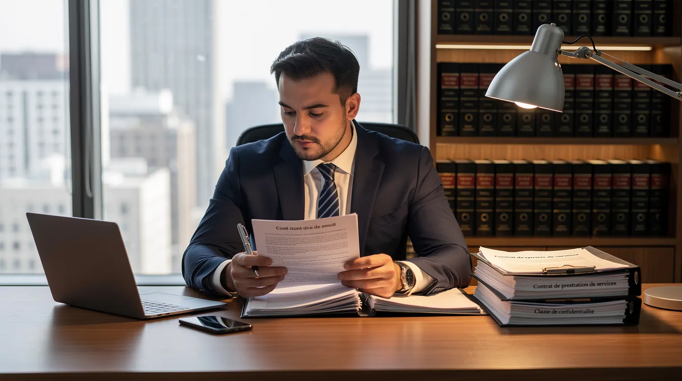Un avocat en costume est assis à son bureau, concentré sur la relecture de documents juridiques, notamment un contrat de location de voiture. On peut voir des piles de papiers et un ordinateur portable à proximité, soulignant l'importance des informations légales dans son travail.