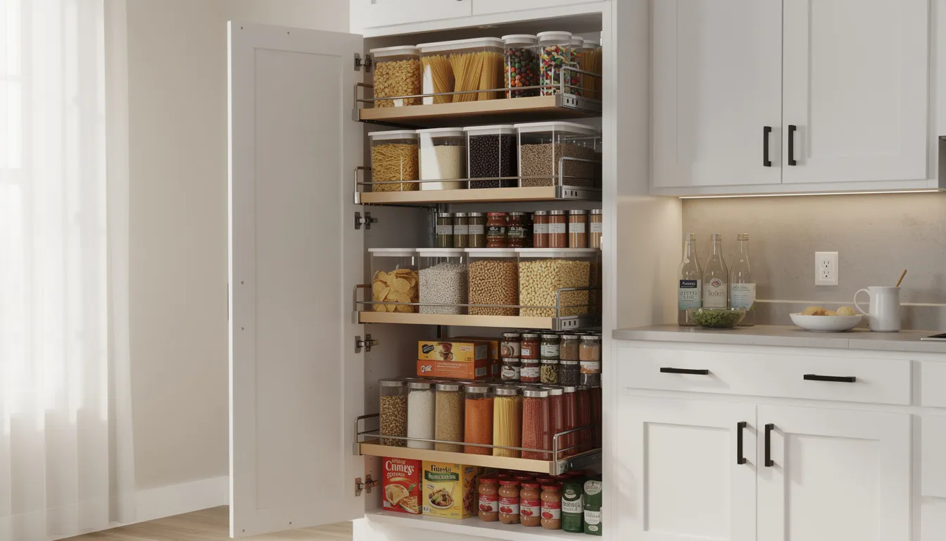 The image depicts a tall pantry cabinet featuring pull-out shelves that showcase organized food storage at various heights, maximizing storage space in the kitchen. This full height pantry cabinet is designed to fit seamlessly within standard kitchen cabinet dimensions, offering both functionality and a clean aesthetic.
