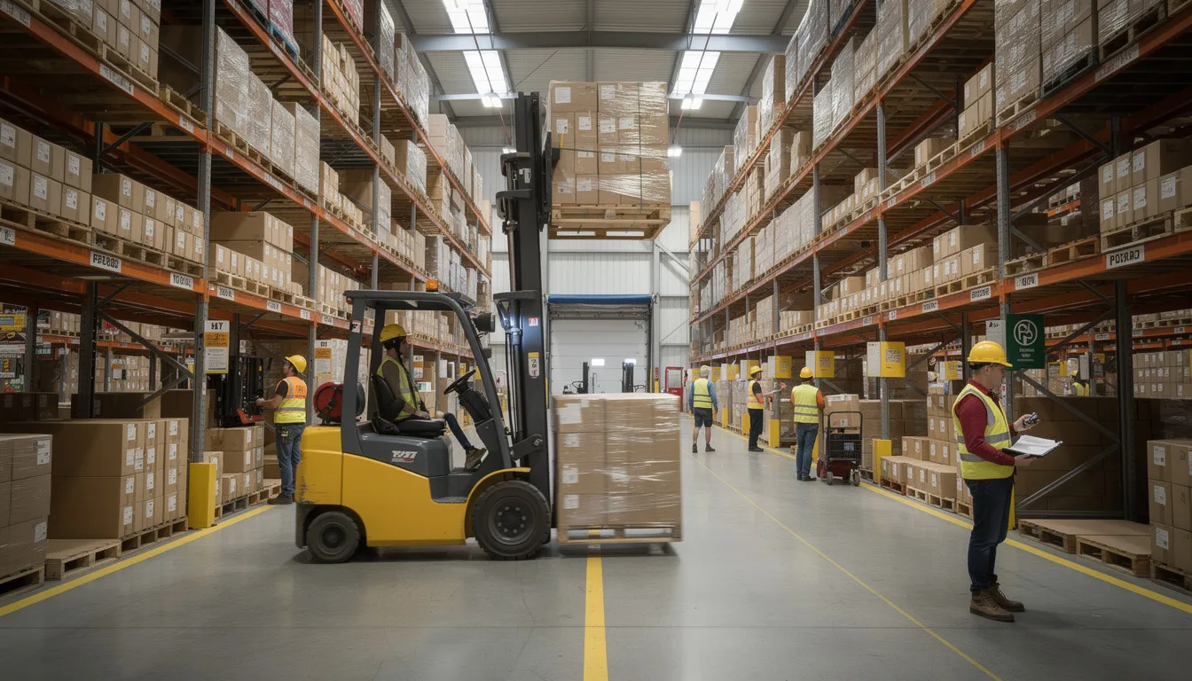 The image depicts a busy warehouse interior filled with shelving units and forklifts, where workers are actively engaged in their tasks. This setting highlights the importance of workplace safety and the potential for work-related injuries, emphasizing the need for workers compensation benefits and medical treatment for injured employees.