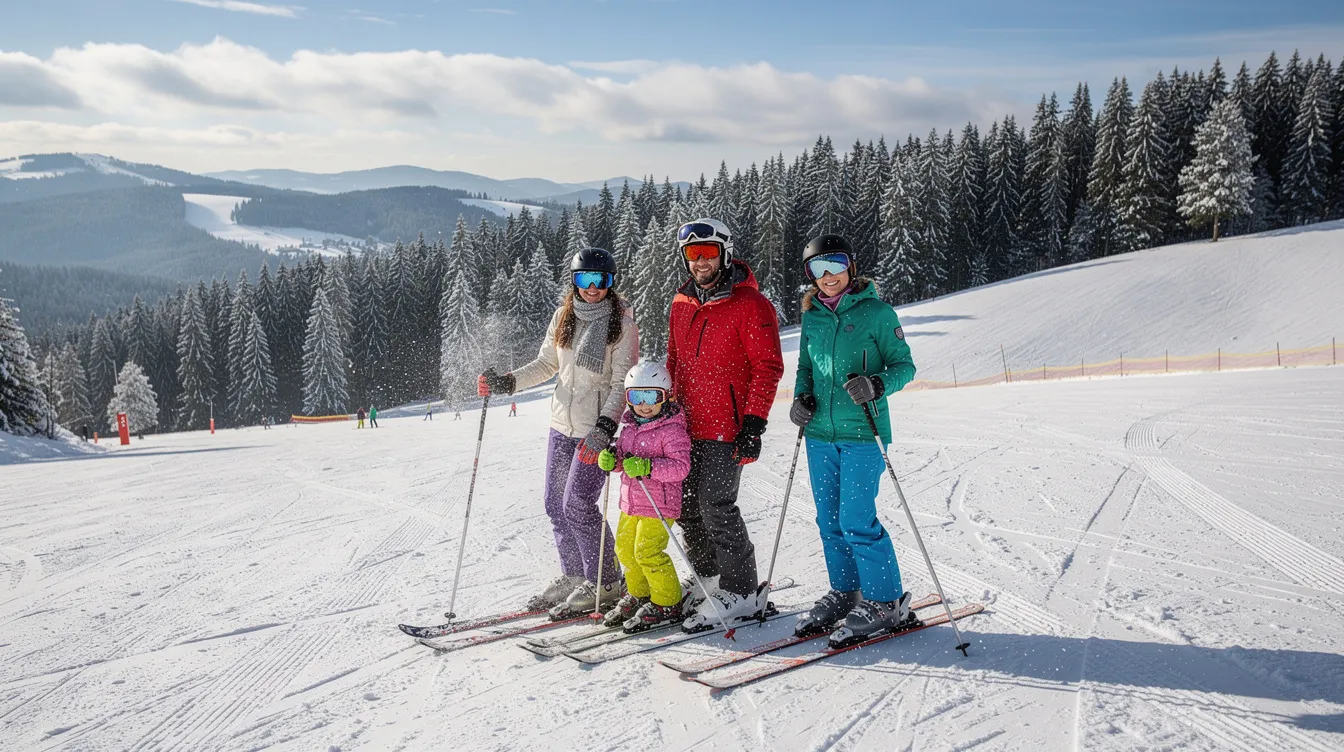 Eine Familie fährt fröhlich auf einer verschneiten Piste im bayerischen Wald, umgeben von malerischen Bergen und einer idyllischen Winterlandschaft. Die Kinder genießen das Skifahren und Snowboarden, während die Eltern die entspannte Atmosphäre des Familienskigebiets in Sankt Englmar erleben.